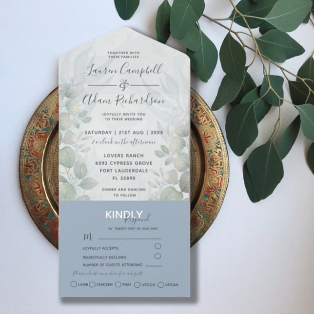 Invitation Tout En Un Rustique Eucalyptus Dusty Mariage d'aquarelle bleu (Créateur téléchargé)