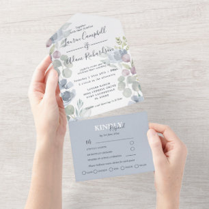Invitation Tout En Un Rustique Eucalyptus Floral Dusty Mariage bleu