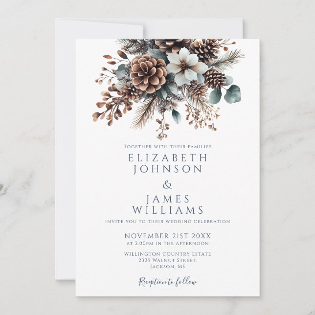 Invitation Tout en un Rustique Floral Pinecone QR Code Mariag (Devant)