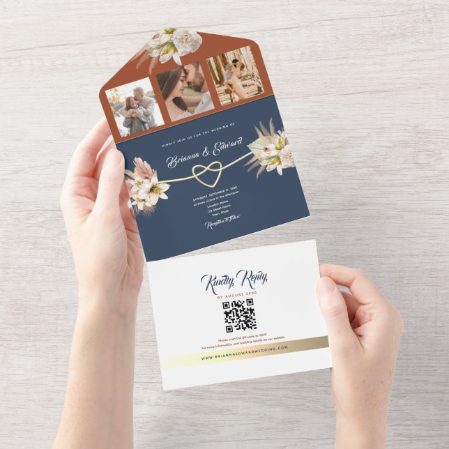 Invitation Tout En Un Rustique Floral Terracotta Marine Mariage bleu (Déchirure)