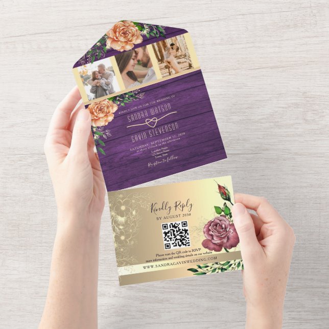 Invitation Tout En Un Rustique Floral violet Mariage (Déchirure)