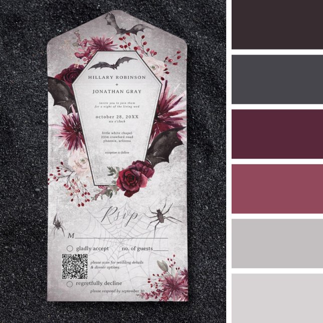 Invitation Tout En Un Rustique gothique noir Bourgogne Halloween QR Code (Rustic Gothic Black Burgundy Halloween Matching Colors Palette)