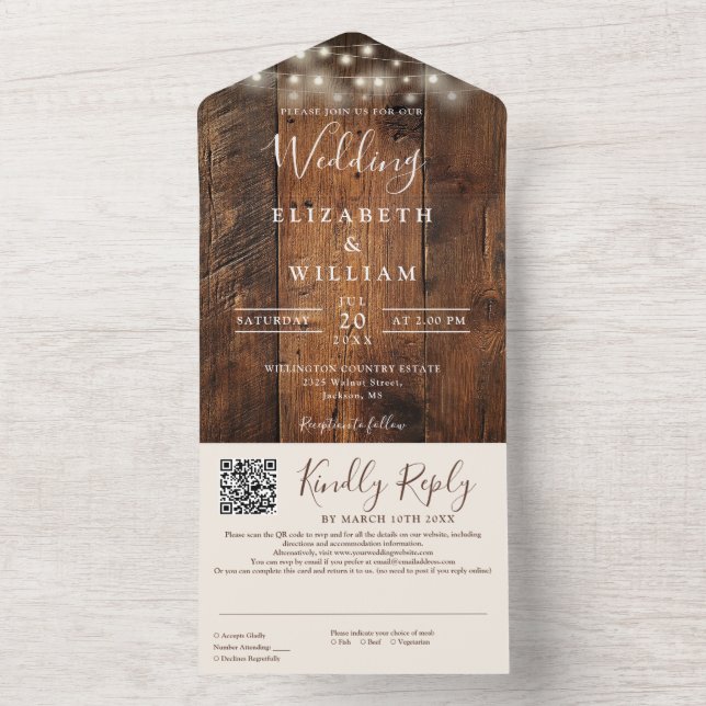 Invitation Tout En Un Rustique Grange Bois Éclairage QR Code Mariage (À l'intérieur)