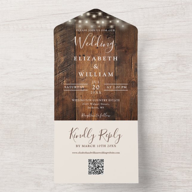 Invitation Tout En Un Rustique Grange Bois Éclairage QR Code Mariage (À l'intérieur)