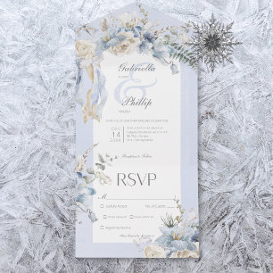 Invitation Tout En Un Rustique hiver Frosty Bleu & Blanc Floral Dîner