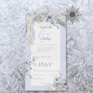 Invitation Tout En Un Rustique hiver Frosty Bleu & Blanc Floral Pas de d