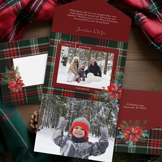 Invitation Tout En Un Rustique Noël Plaid avec Poinsettia & Pine Photo (Créateur téléchargé)