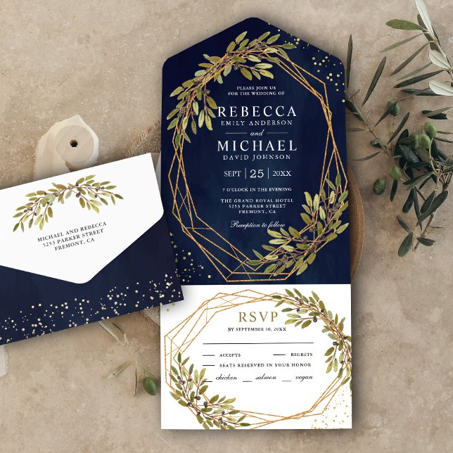 Invitation Tout En Un Rustique Olive Branch Gold Frame Marine Blue Maria (Créateur téléchargé)