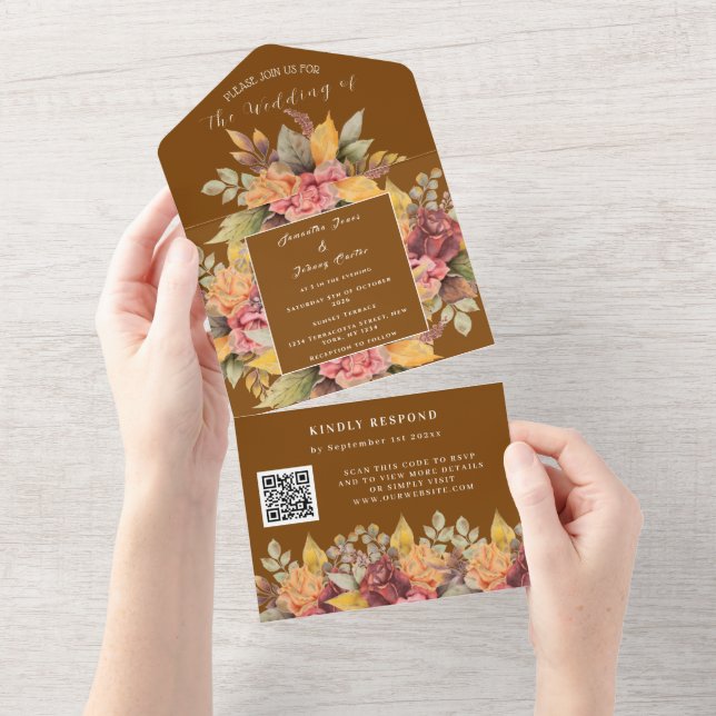 Invitation Tout En Un Rustique Orange Terracotta Automne Boho Mariage RS (Déchirure)