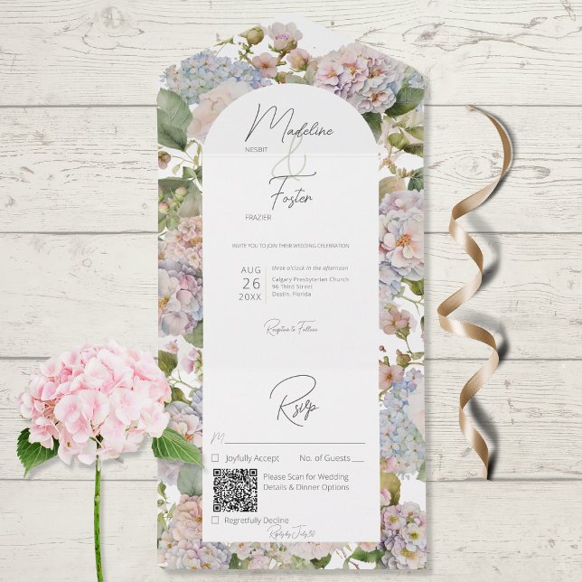 Invitation Tout En Un Rustique Pastel Hydrangeas Arc Blanc Code QR (Créateur téléchargé)