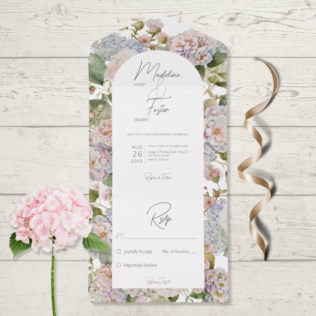 Invitation Tout En Un Rustique Pastel Hydrangeas Arche Blanche Pas de dî (Créateur téléchargé)