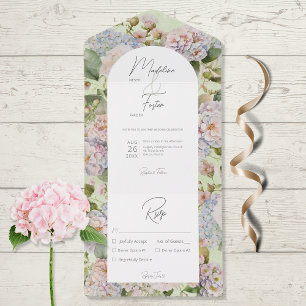 Invitation Tout En Un Rustique Pastel Hydrangeas Sage Green Arch Dîner
