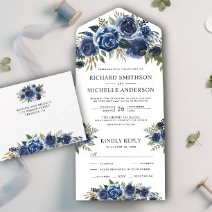 Invitation Tout En Un Rustique Pays Marine Blue Floral Bouquet Mariage