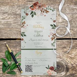 Invitation Tout En Un Rustique Peach Rust & Sage Green Floral QR Code