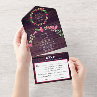 Invitation Tout En Un Rustique poussiéreux violet bois grange rose flora