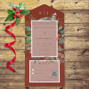 Invitation Tout En Un Rustique Red Winter Holly & Pine QR Code
