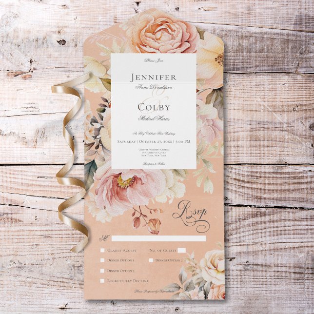 Invitation Tout En Un Rustique Romantique Rose & Blush Rose dîner de pêc (Rustic Romantic Pink & Blush Roses Peach Dinner All In One Invitation)