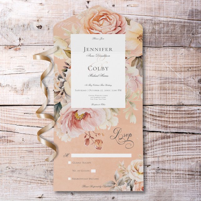 Invitation Tout En Un Rustique Romantique Rose & Blush Rose Pêche Pas De (Rustic Romantic Pink & Blush Roses Peach No Dinner All In One Invitation)