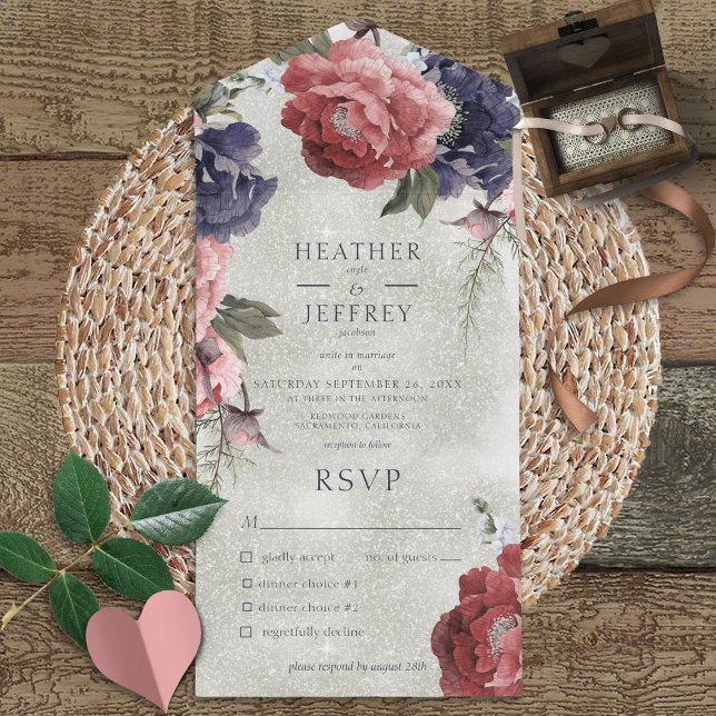 Invitation Tout En Un Rustique rose et bleu pivoines Sage Green Diner (Also available with a QR code or without dinner selection options.)