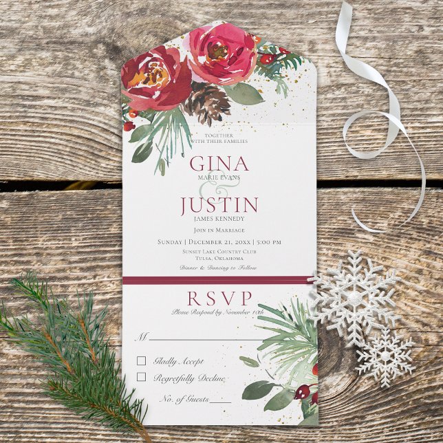 Invitation Tout En Un Rustique Rouge & Vert Pine d'hiver Dîner Floral (Also available with a QR code.)