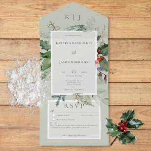 Invitation Tout En Un Rustique Sage Winter Holly & Pine Détails