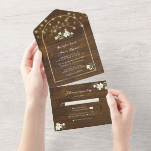 Invitation Tout En Un Rustique String éclaire Gold Arch Magnolia Mariage