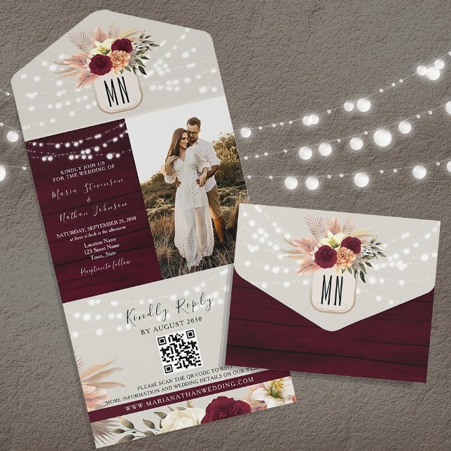 Invitation Tout En Un Rustique String éclaire le Mariage Bourgogne (Créateur téléchargé)