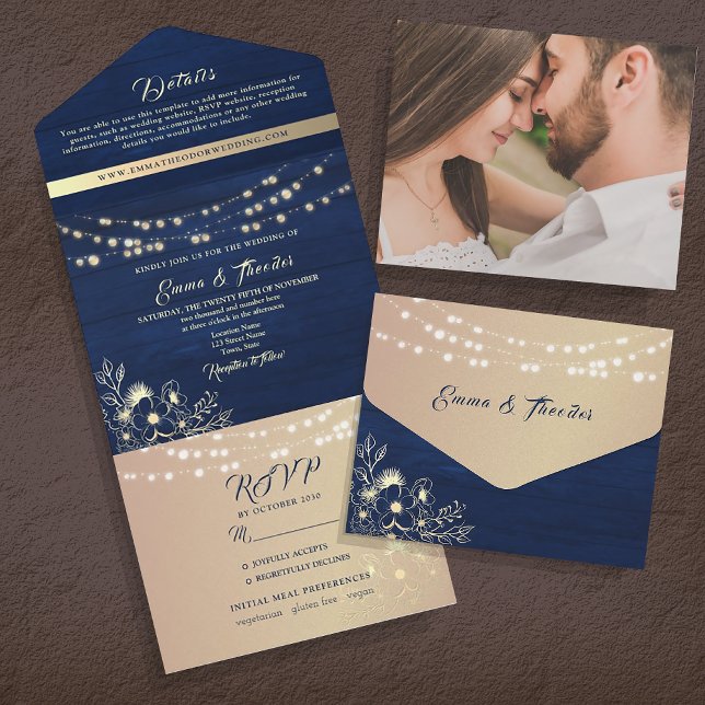 Invitation Tout En Un Rustique String éclat marine et Mariage d'or (Créateur téléchargé)