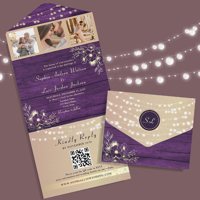Invitation Tout En Un Rustique violet Photos Mariage QR Code (Créateur téléchargé)