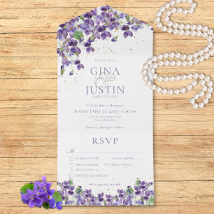 Invitation Tout En Un Rustique Violettes violettes or Sparkle Mariage dî