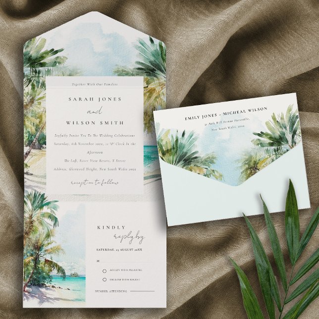 Invitation Tout En Un Sable Tropical Beach Aquarelle Palm Trees Mariage (Créateur téléchargé)