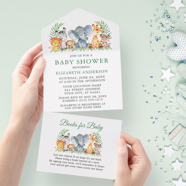 Invitation Tout En Un Safari Animaux Baby shower vert et livres (All In One Baby Shower Invitation with Books for Baby tear off card.)