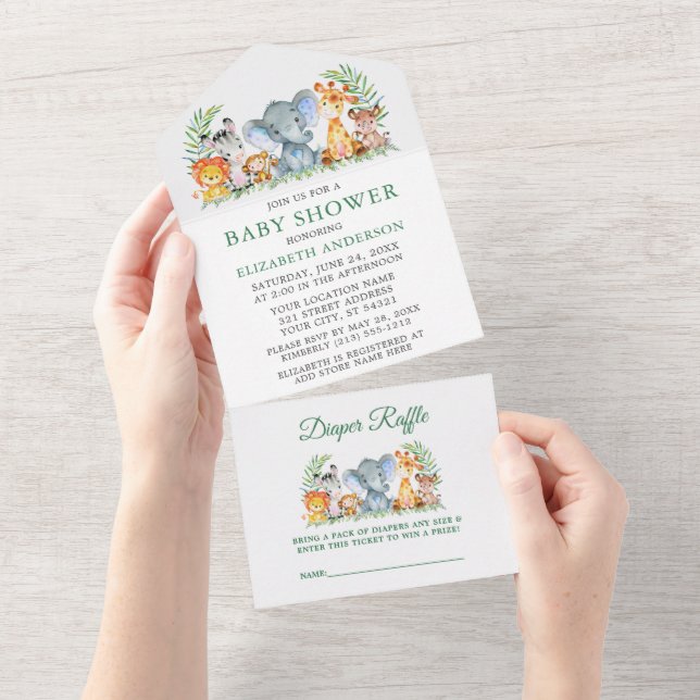 Invitation Tout En Un Safari Animaux Baby shower vert et raffle (Déchirure)