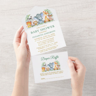 Invitation Tout En Un Safari Animaux Baby shower vert et Raffle Gold