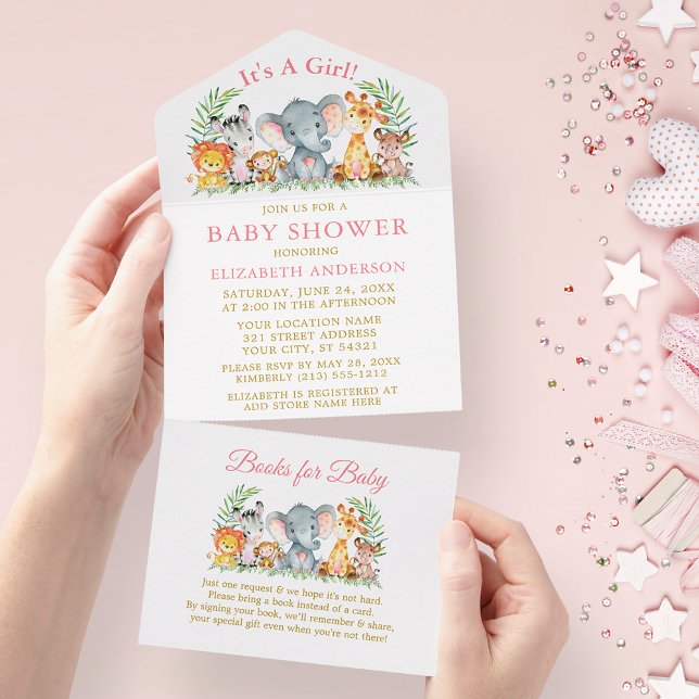 Invitation Tout En Un Safari Animaux Fille Baby shower rose et livres (All In One Baby Shower Invitation with Books for Baby tear off card.)