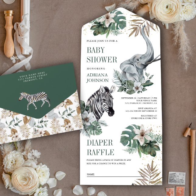 Invitation Tout En Un Safari sauvage rustique Zèbre et Baby shower éléph (Créateur téléchargé)