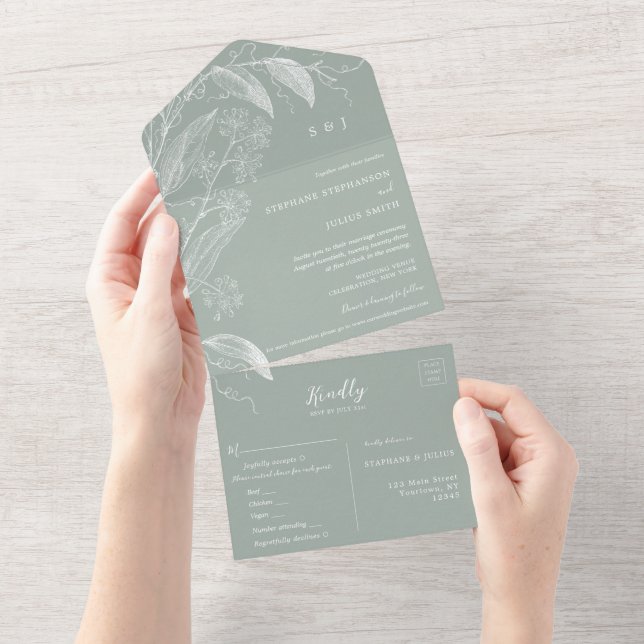 Invitation Tout En Un Sage botanique vert tout en un mariage Inviter (Déchirure)