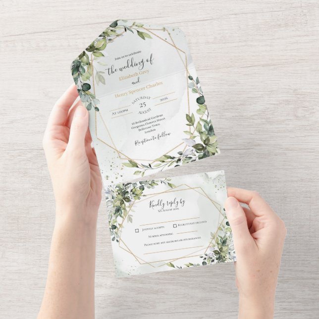 Invitation Tout En Un Sage gold eucalyptus geometric wedding invite rsvp (Déchirure)