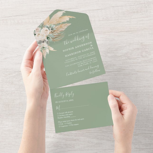 Invitation Tout En Un Sage Green Boho Pampas Grass Mariage (Déchirure)