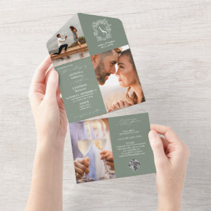 Invitation Tout En Un Sage Green Crest Monogramme 3 Photo QR Code Mariag