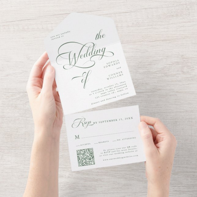 Invitation Tout En Un Sage Green Elegant Classy Calligraphy Mariage (Déchirure)