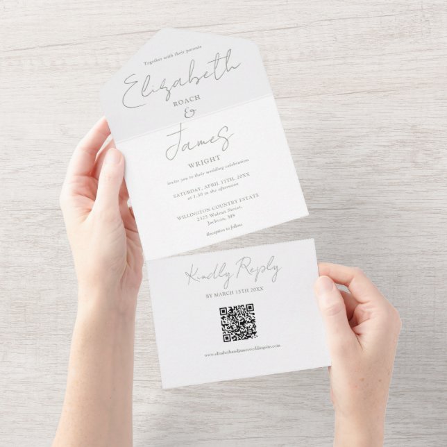 Invitation Tout En Un Sage Green Elegant Script QR Code Mariage (Déchirure)