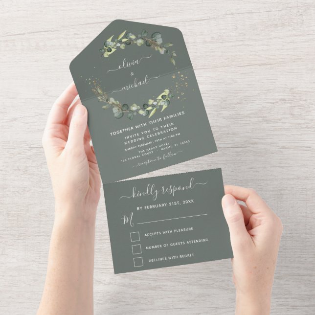 Invitation Tout En Un Sage Green Eucalyptus Verdure Mariage Élégant (Déchirure)
