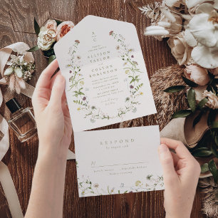 Invitation Tout En Un Sage Green Fleur sauvage Rustic Boho Mariage monog
