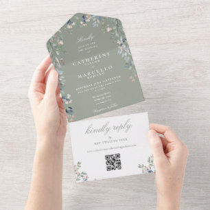 Invitation Tout En Un Sage Green Floral Greenery QR Code Mariage