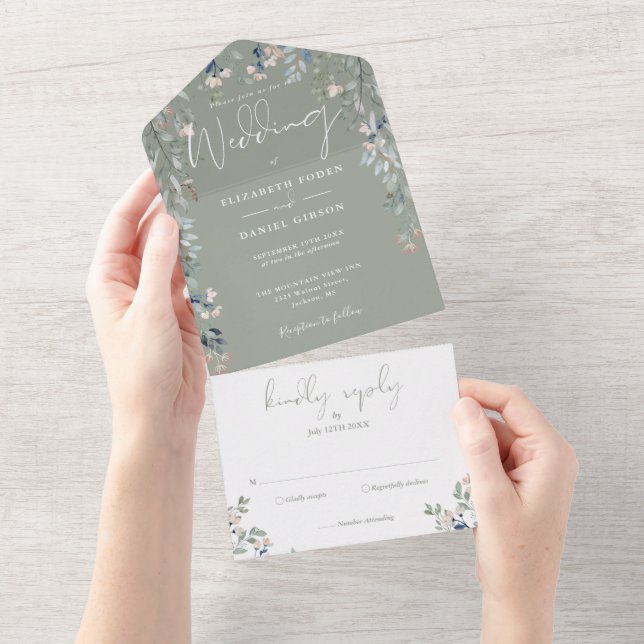 Invitation Tout En Un Sage Green Floral Greenery Script Mariage (Déchirure)