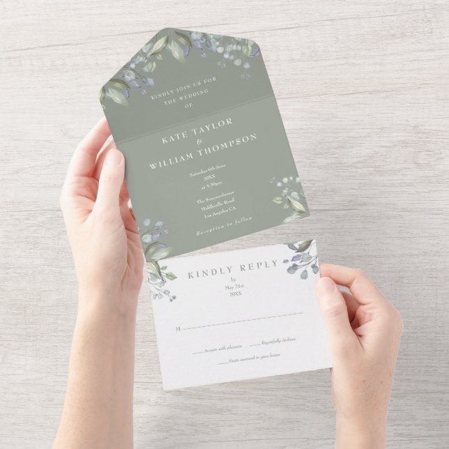 Invitation Tout En Un Sage Green Floral Mariage (Déchirure)