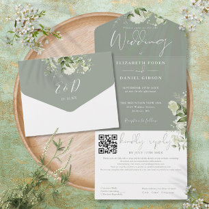 Invitation Tout En Un Sage Green Floral Monogramme QR Code Mariage
