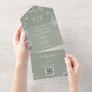 Invitation Tout En Un Sage Green Floral Monogramme QR Code Mariage