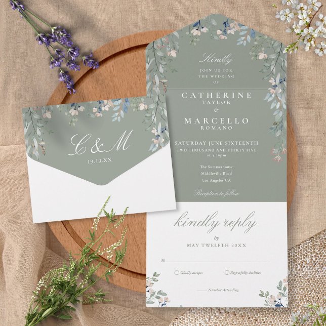 Invitation Tout En Un Sage Green Floral Verdure Cascade Mariage (Créateur téléchargé)